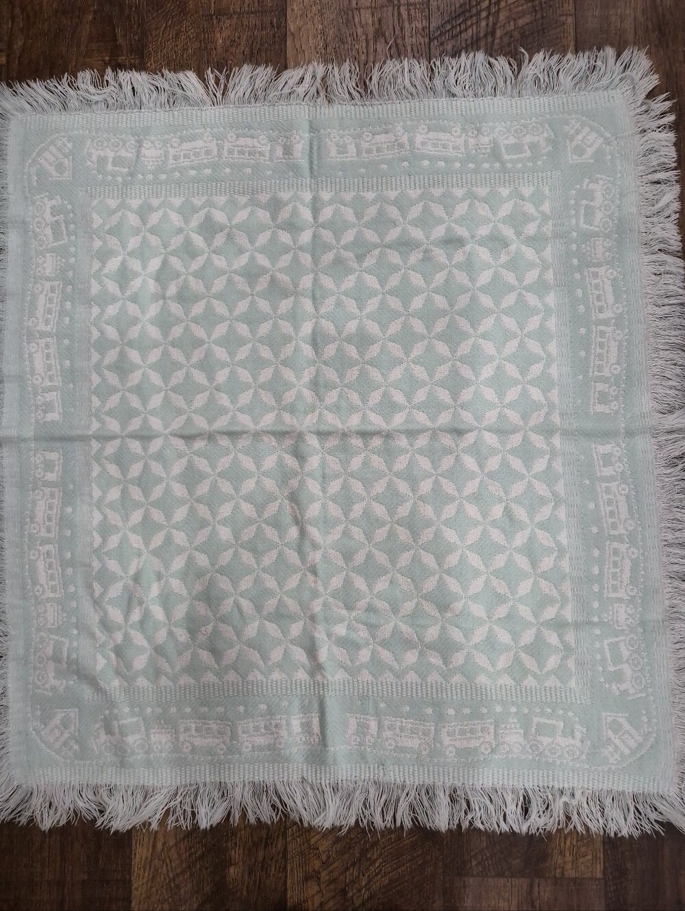 Vintage Acrylic Weave Baby Blanket Lovey Mint Train Print With Fringe